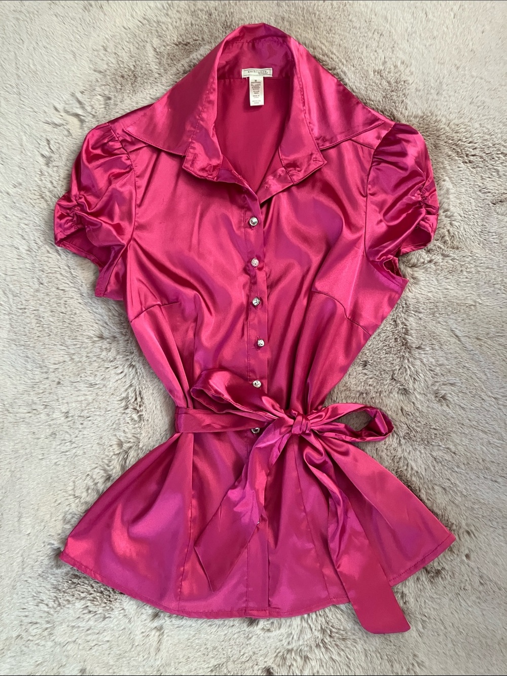 Y2k Ambiance Satin Fuchsia Button-Up Tie-Waist Blouse